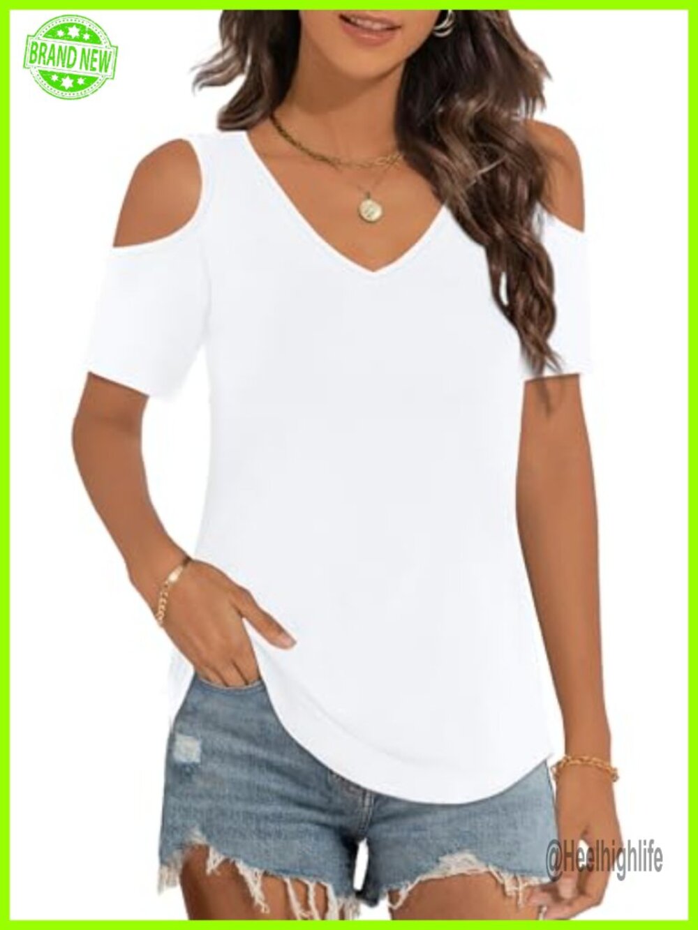 V Neck Cold Shoulder T Shirt Cotton Blend Stretch Casual Summer Top